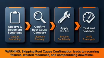 Four-step hydraulic piston pump troubleshooting and repair validation process flow