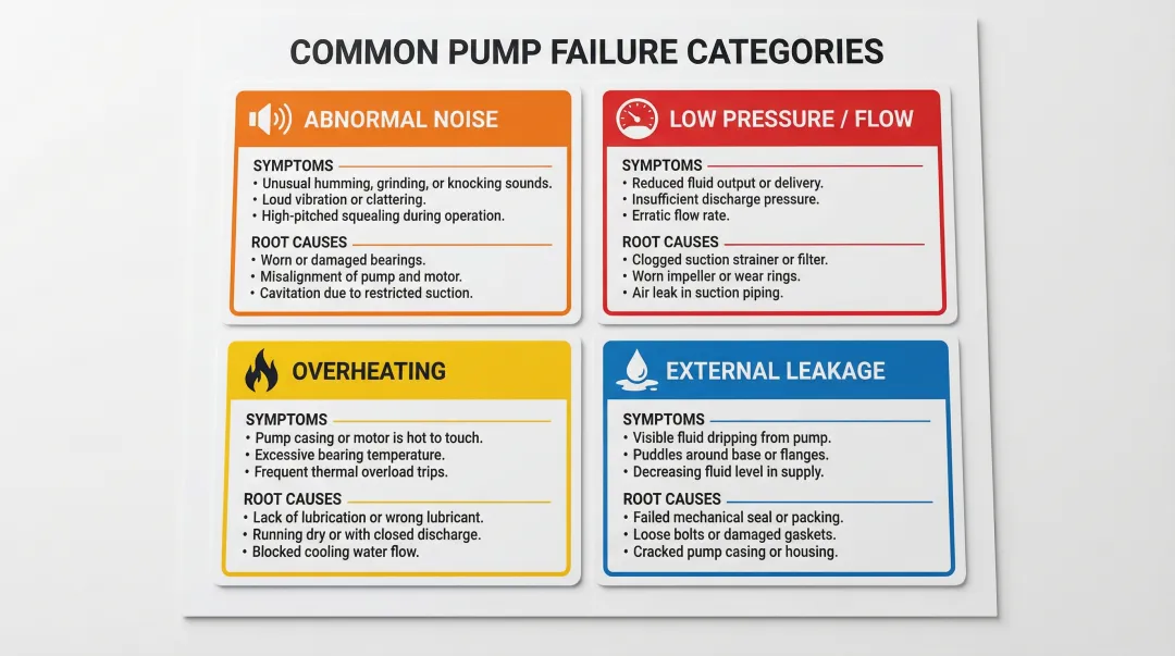 Four hydraulic piston pump failure types symptoms and root causes diagnosis chart