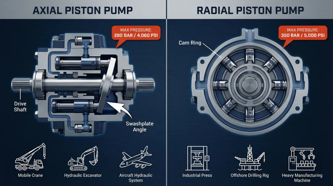 Axial versus radial piston pump configuration comparison infographic with pressure specs