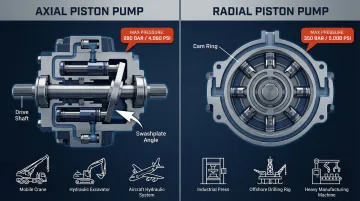 Axial versus radial piston pump configuration comparison infographic with pressure specs