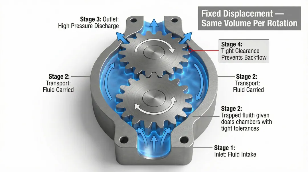 Gear pump internal mechanism showing gear rotation fluid intake and discharge