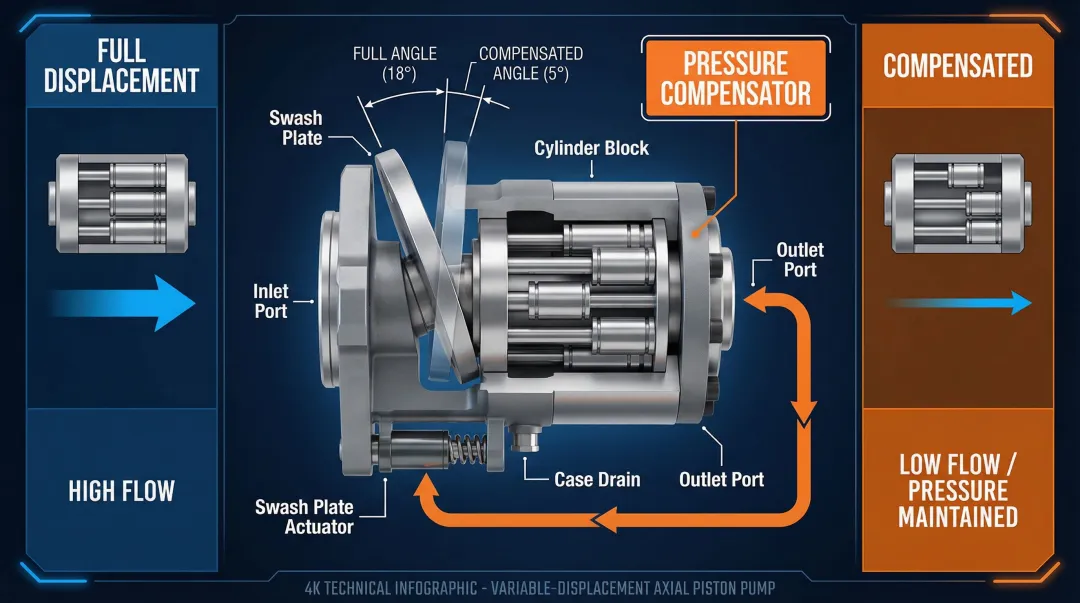 Variable displacement piston pump swash plate angle control pressure compensator diagram