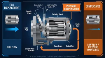 Variable displacement piston pump swash plate angle control pressure compensator diagram