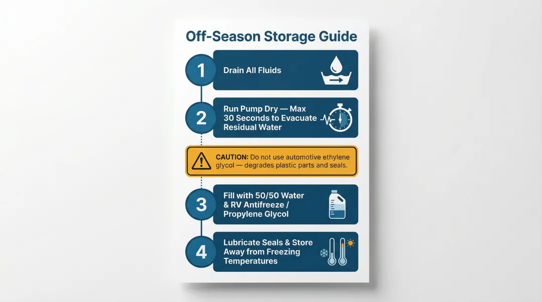 Spray pump off-season winterization storage checklist four-step process infographic