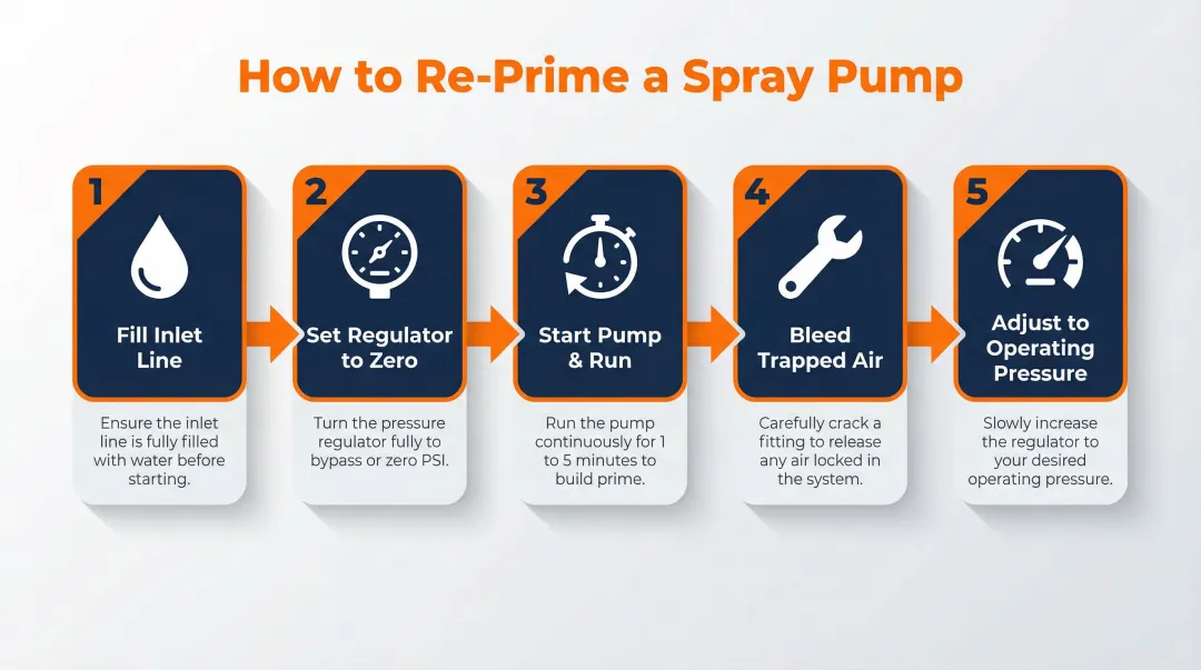 Five-step spray pump re-priming process flow from inlet fill to pressure adjustment