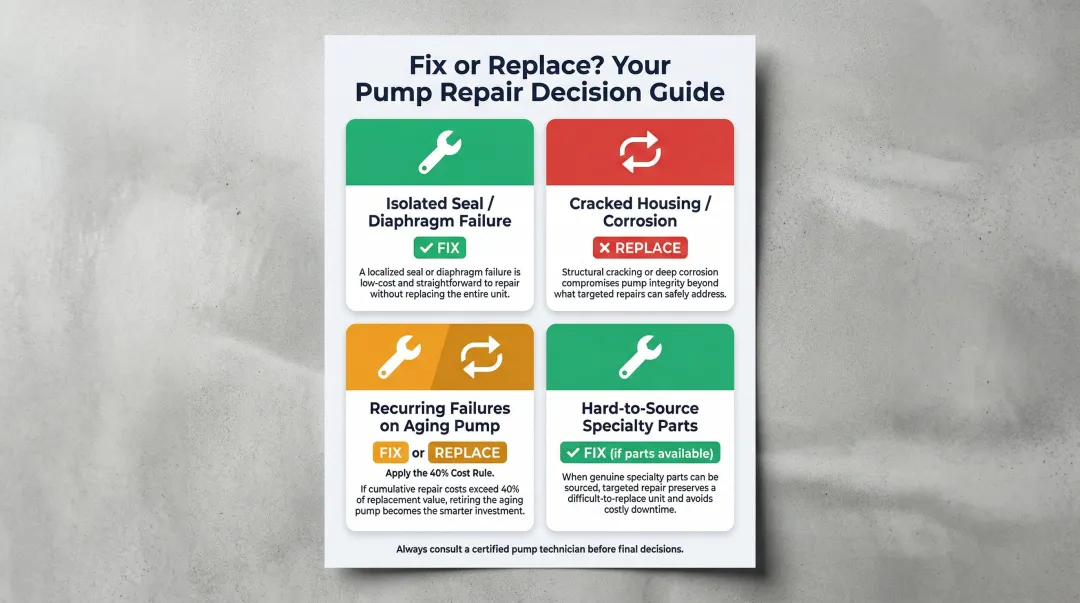 Spray pump fix versus replace decision guide four scenario comparison infographic