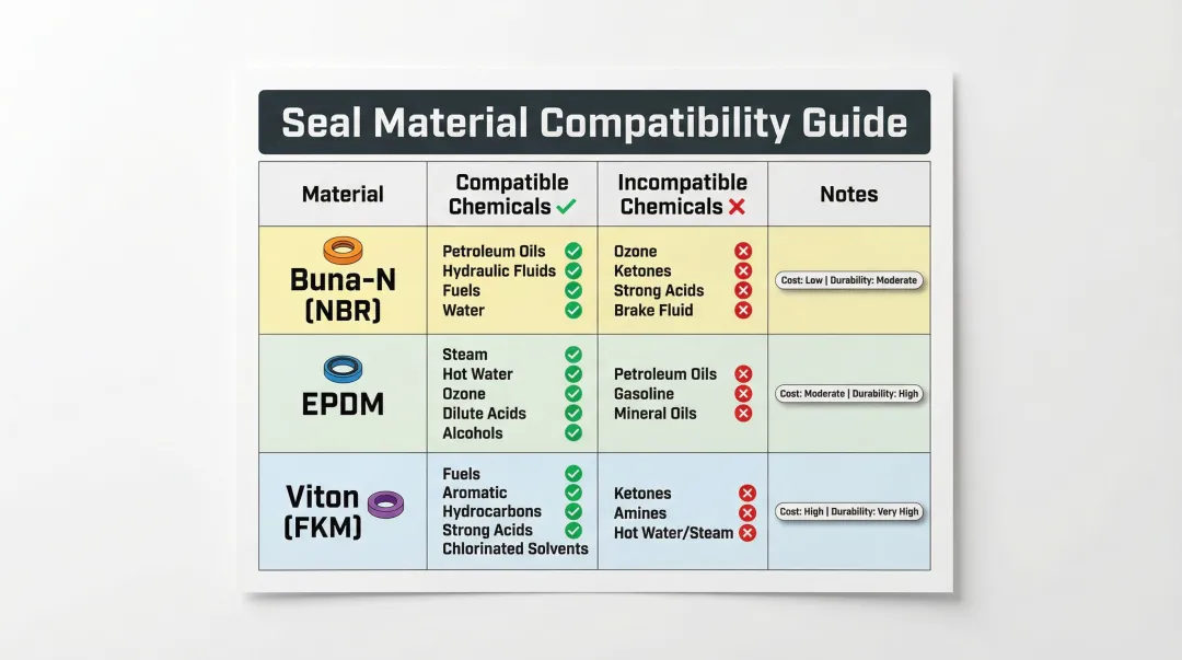 Spray pump seal material chemical compatibility comparison Buna-N EPDM Viton infographic