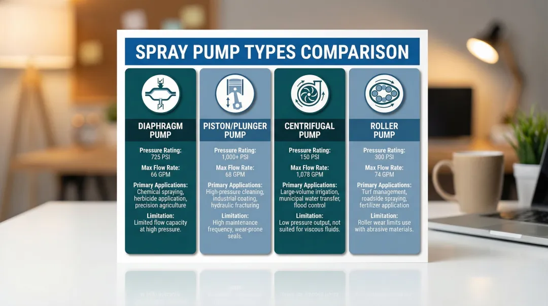 Four spray pump types comparison chart with pressure flow and application specs