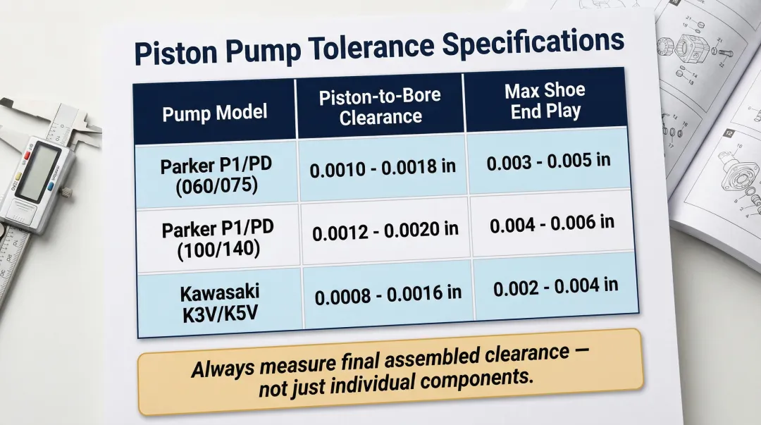 Piston pump clearance tolerances and wear limits comparison table infographic