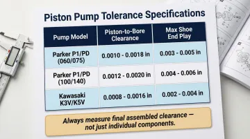 Piston pump clearance tolerances and wear limits comparison table infographic
