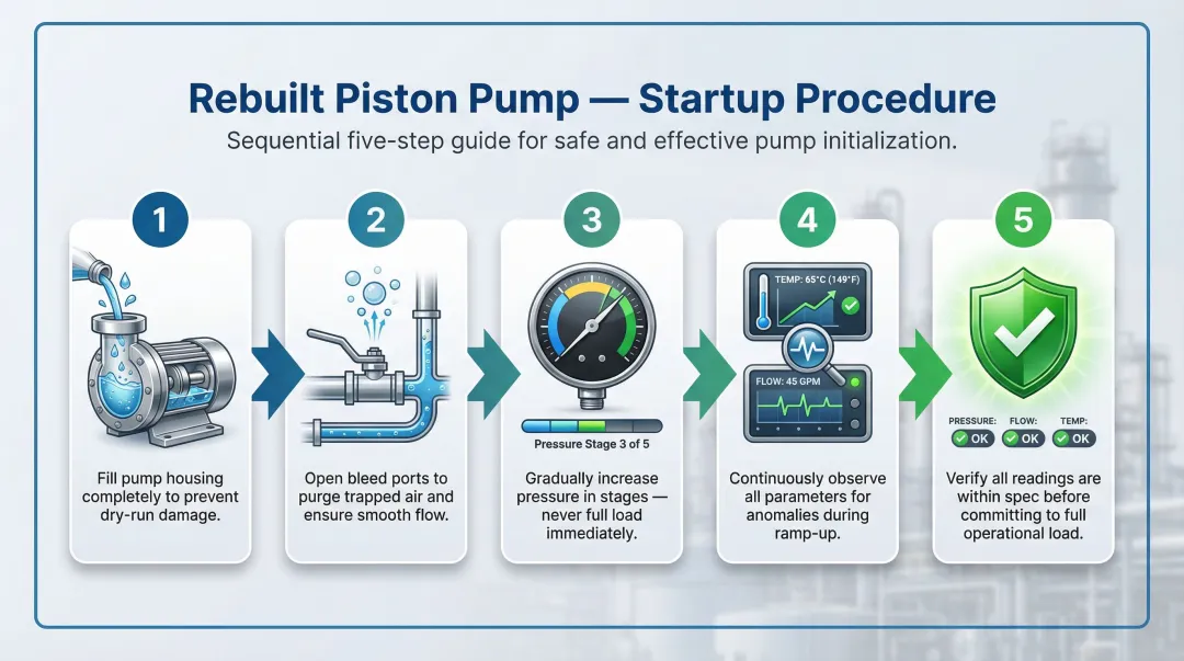 5-step piston pump startup and pressure test process infographic