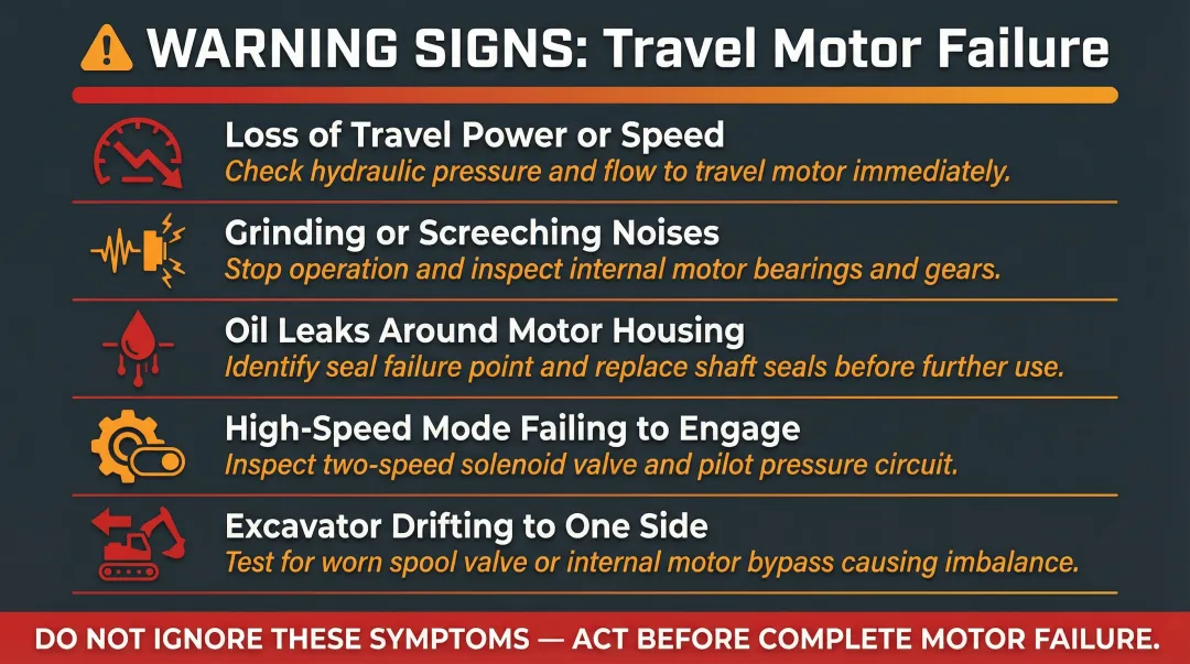 Five excavator travel motor failure warning signs diagnostic checklist infographic