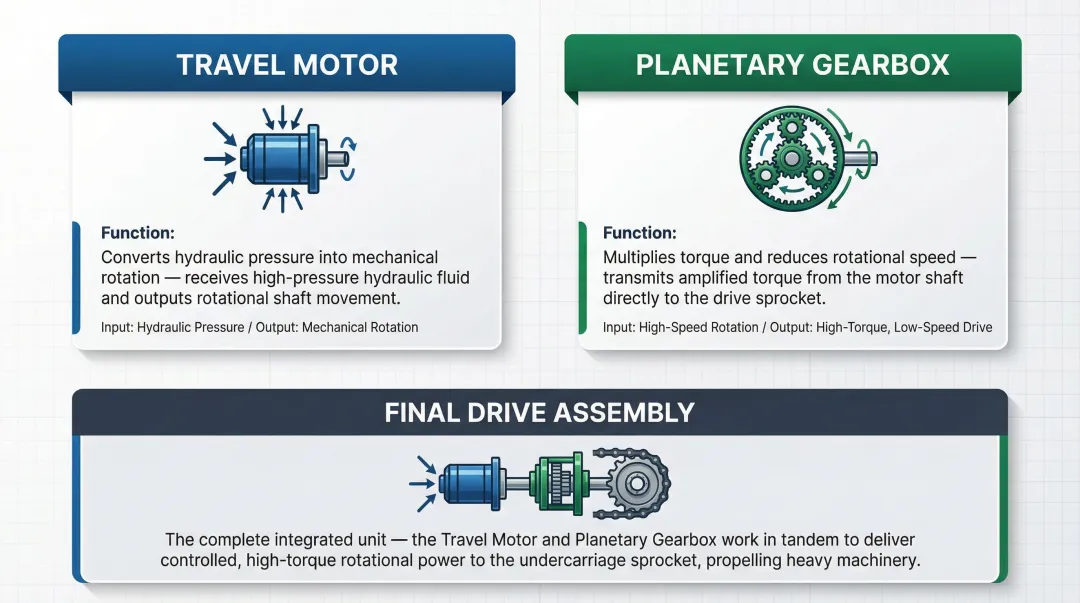 Travel motor versus final drive assembly component function comparison infographic