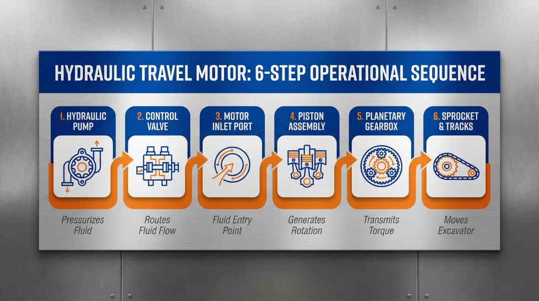 6-step hydraulic travel motor operational sequence flow diagram excavator