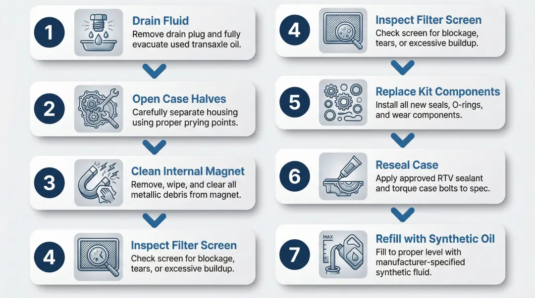 7-step K46 hydrostatic transmission rebuild process flow diagram