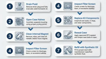 7-step K46 hydrostatic transmission rebuild process flow diagram