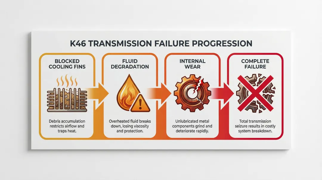 K46 transmission failure cause and effect chain showing heat degradation cycle