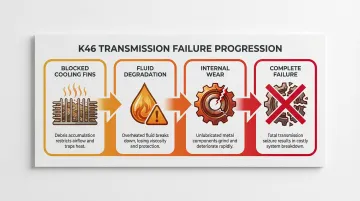 K46 transmission failure cause and effect chain showing heat degradation cycle