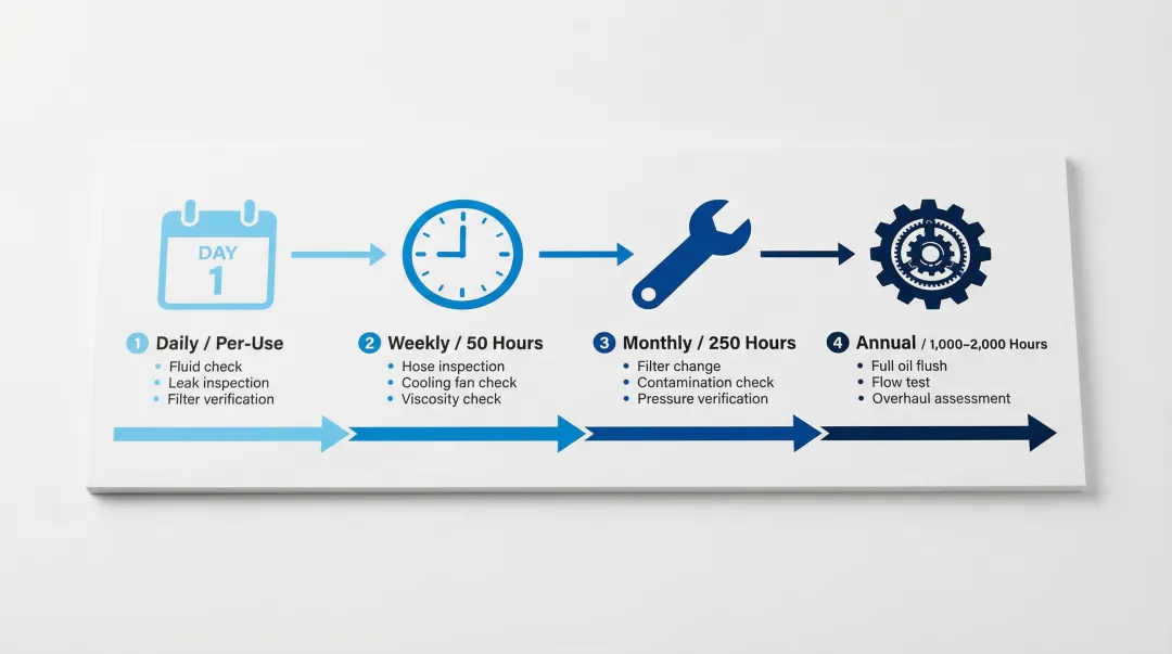 Kawasaki hydraulic pump maintenance schedule four-interval timeline infographic