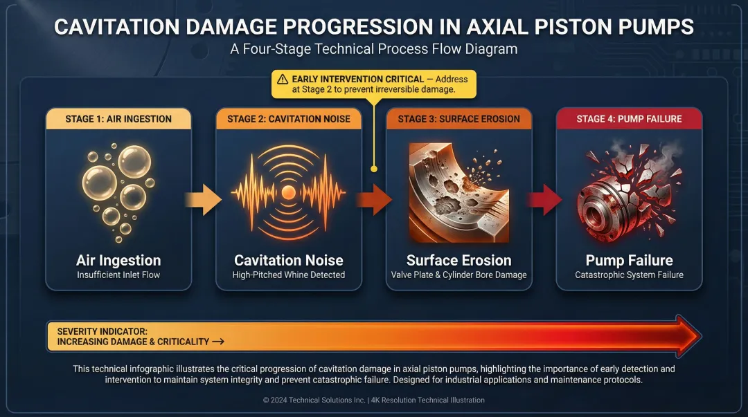 Kawasaki hydraulic pump cavitation and warning signs damage progression diagram