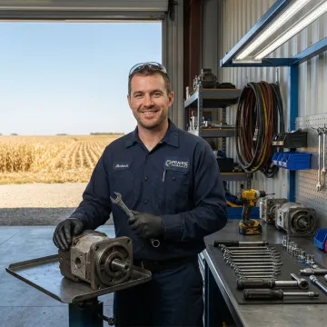 Agricultural equipment hydraulic repair technician working on a combine harvester in Illinois