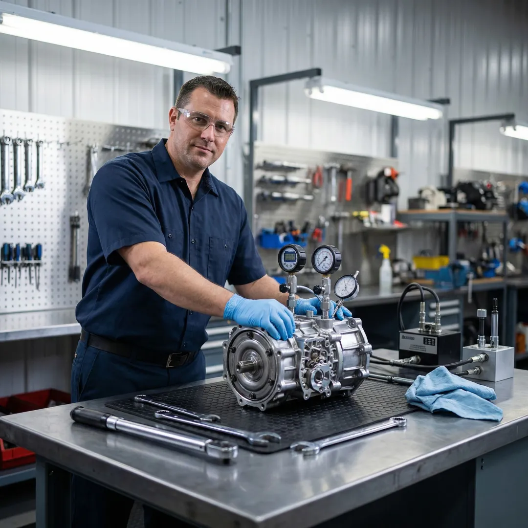 Technician calibrating a rebuilt hydrostatic transmission unit for heavy equipment