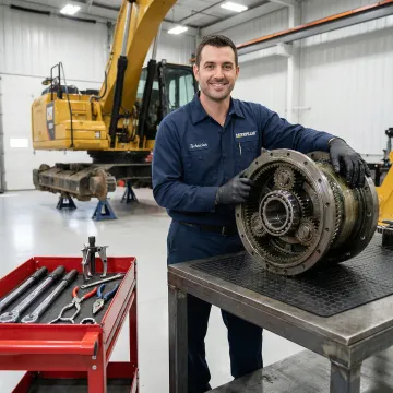 Technician repairing a final drive gear assembly for heavy construction equipment