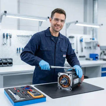 Technician repairing a Rexroth servo motor in an industrial workshop