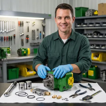 Technician repairing a John Deere hydraulic pump in a professional workshop