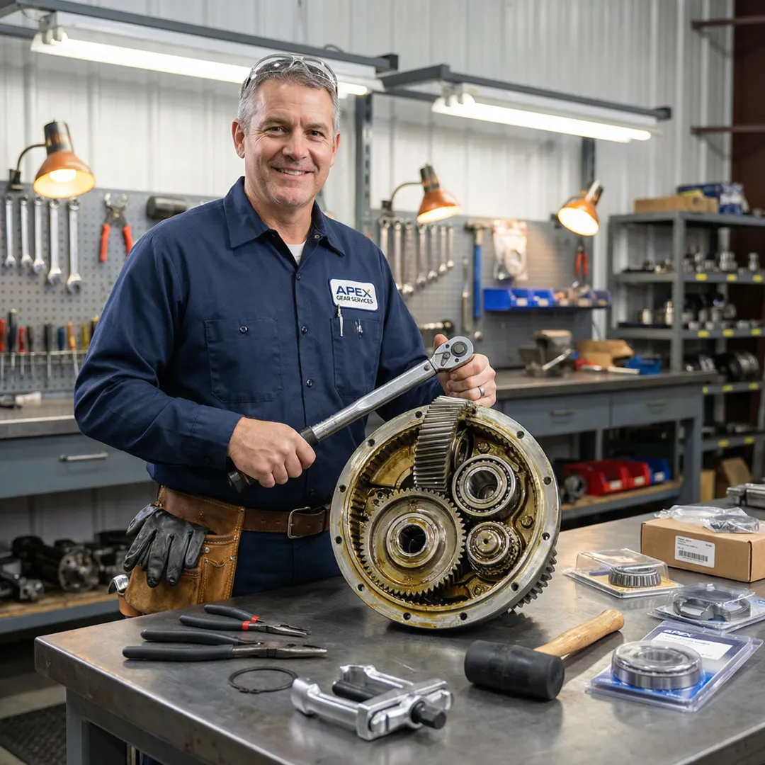 Heavy equipment final drive unit being rebuilt and tested in a professional repair facility