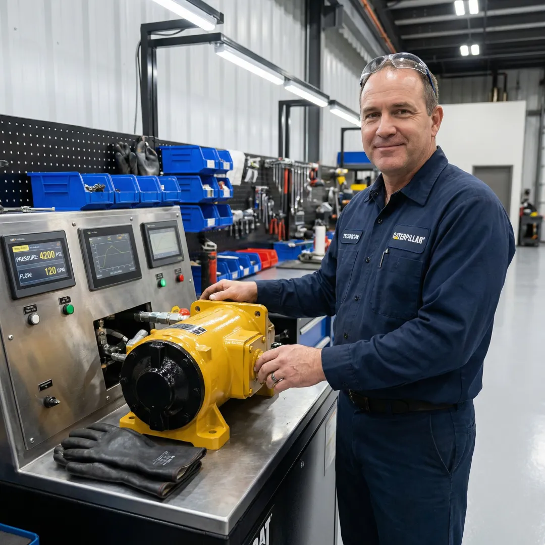 Technician testing a rebuilt Caterpillar hydraulic pump on a test bench