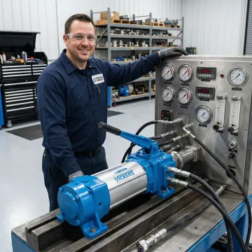 Hydraulic pump technician testing a rebuilt Vickers pump on a test bench