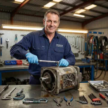 Technician repairing a Denison hydraulic pump in a professional workshop