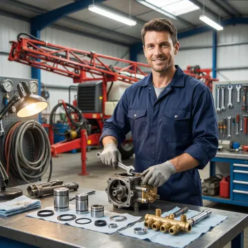 Technician repairing a hydraulic sprayer pump for agricultural equipment