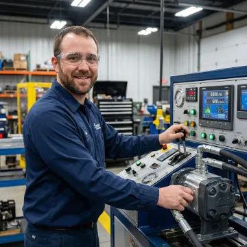 Technician testing a remanufactured CNH hydrostatic pump on a test bench