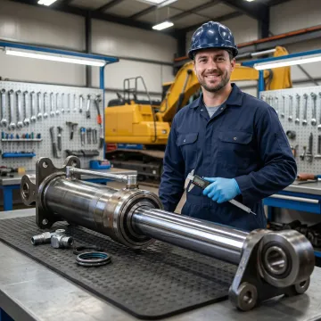 Technician repairing a mobile hydraulic cylinder on heavy construction equipment