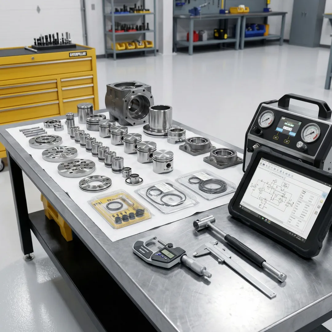 Caterpillar hydraulic components being precisely measured and tested in professional repair facility