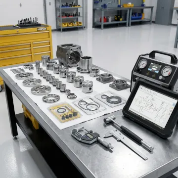 Caterpillar hydraulic components being precisely measured and tested in professional repair facility