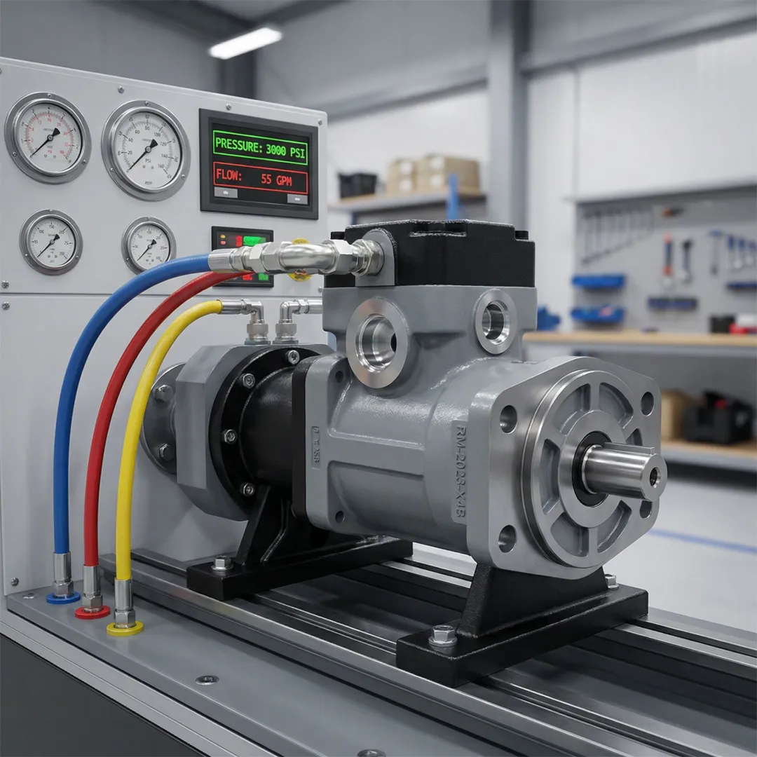 Quality control testing of remanufactured hydraulic motor on test bench