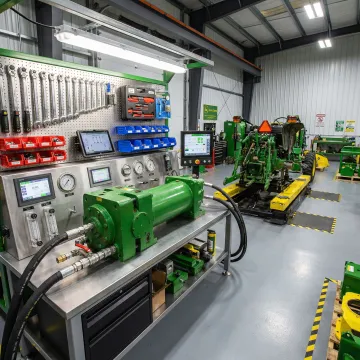Modern farm equipment hydraulic repair facility with diagnostic testing equipment
