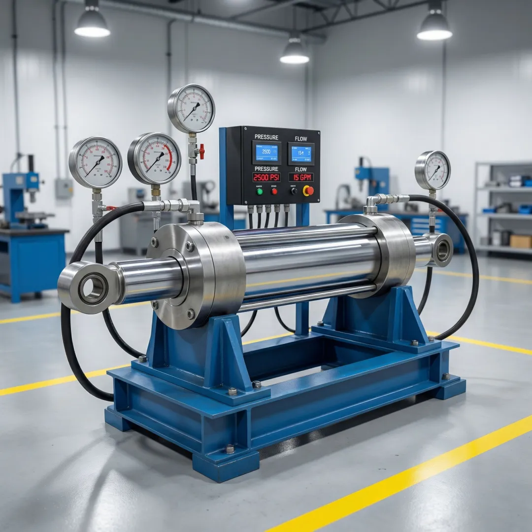 Hydraulic cylinder undergoing precision testing on industrial test bench