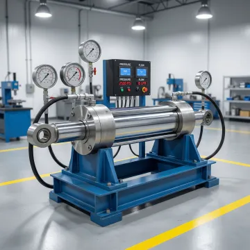 Hydraulic cylinder undergoing precision testing on industrial test bench