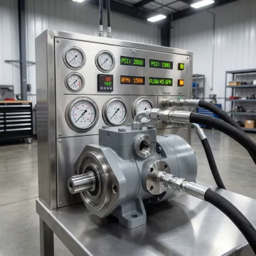 Hydraulic motor being tested on precision calibration equipment in repair shop
