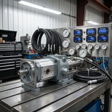 Precision testing of rebuilt hydraulic pump on calibration equipment