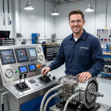 Technician testing rebuilt heavy equipment transmission on diagnostic equipment