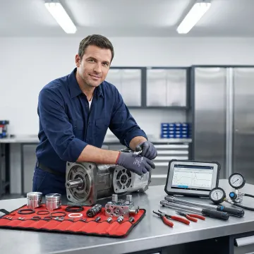 Professional technician repairing hydraulic pump in authorized service center workshop
