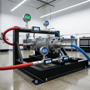 Hydraulic pump being tested on diagnostic test bench with pressure gauges