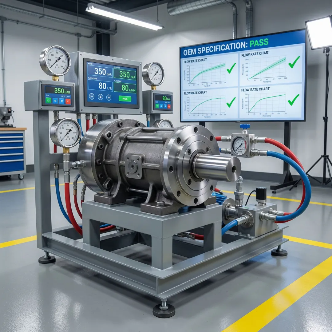 Precision testing of rebuilt hydraulic pump on diagnostic bench