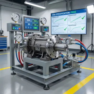Precision testing of rebuilt hydraulic pump on diagnostic bench