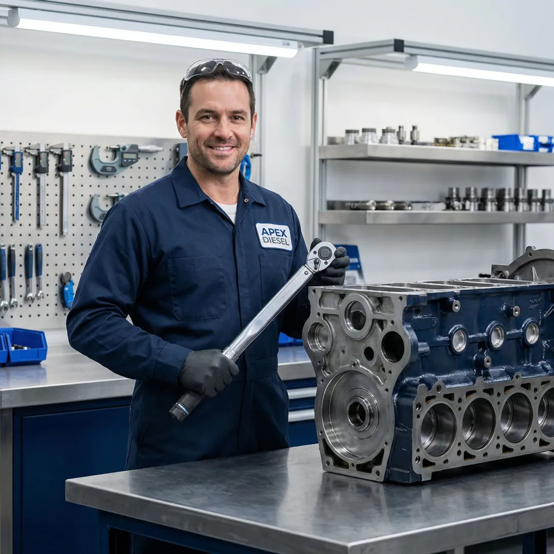 Technician remanufacturing diesel engine in modern facility